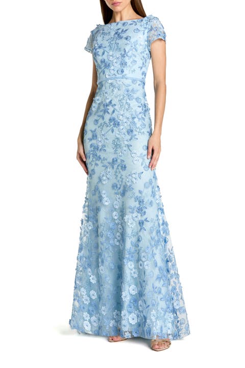 Floral Applique Boat Neck Cap Sleeve Gown