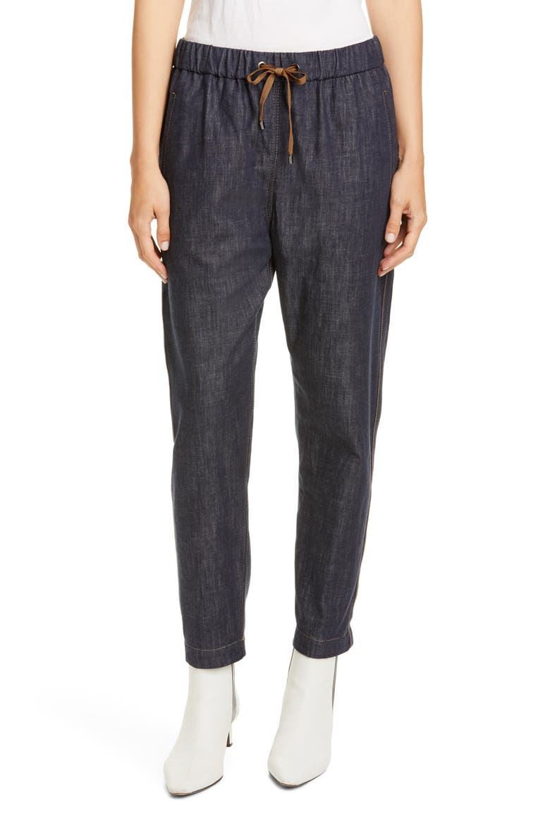 Monili Side Stripe Denim Track Pants, Main, color, DARK DENIM