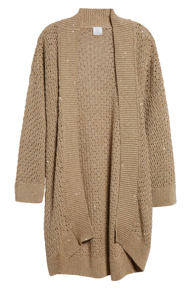 Sequin Open Stitch Cotton & Linen Blend Cardigan, Main, color, SAND