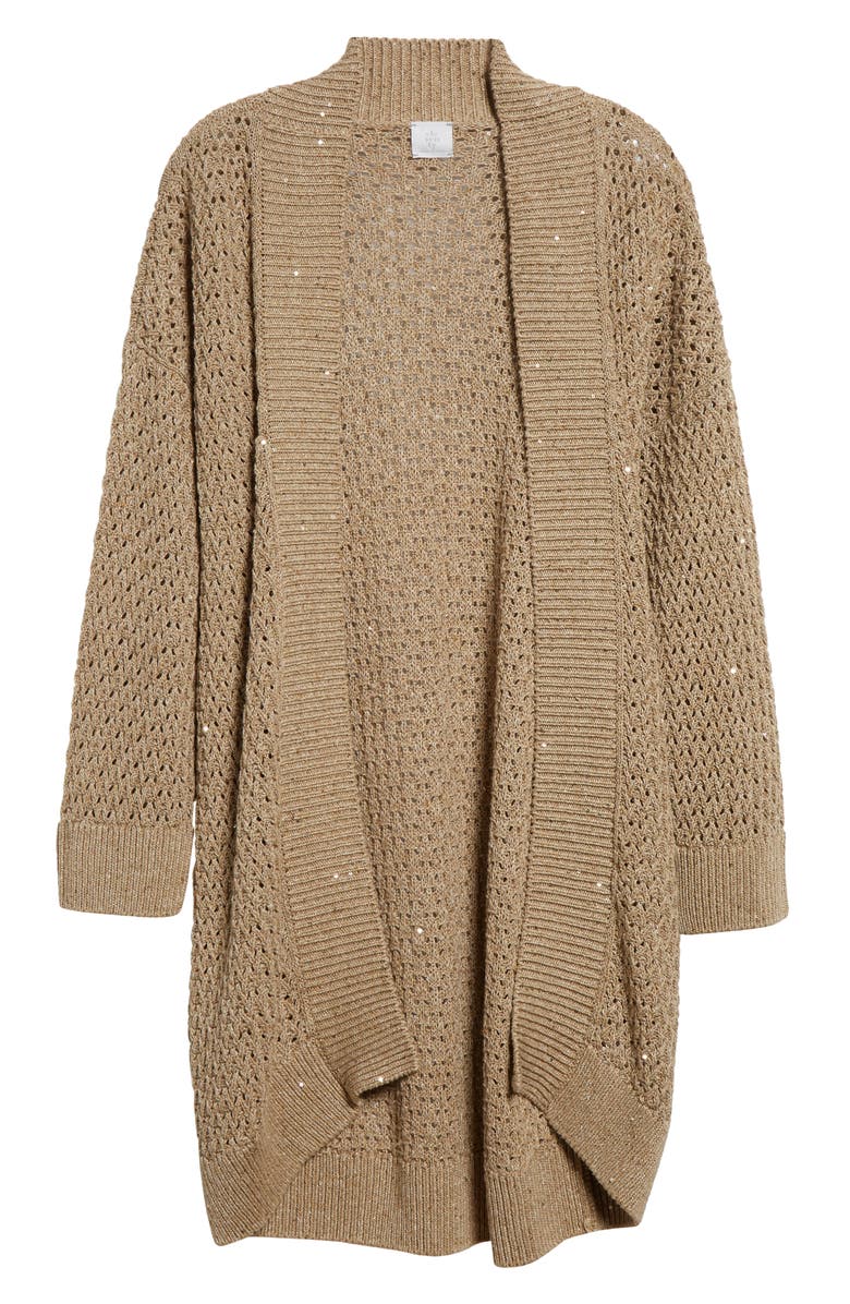 Eleventy Sequin Open Stitch Cotton & Linen Blend Cardigan, Main, color, Sand