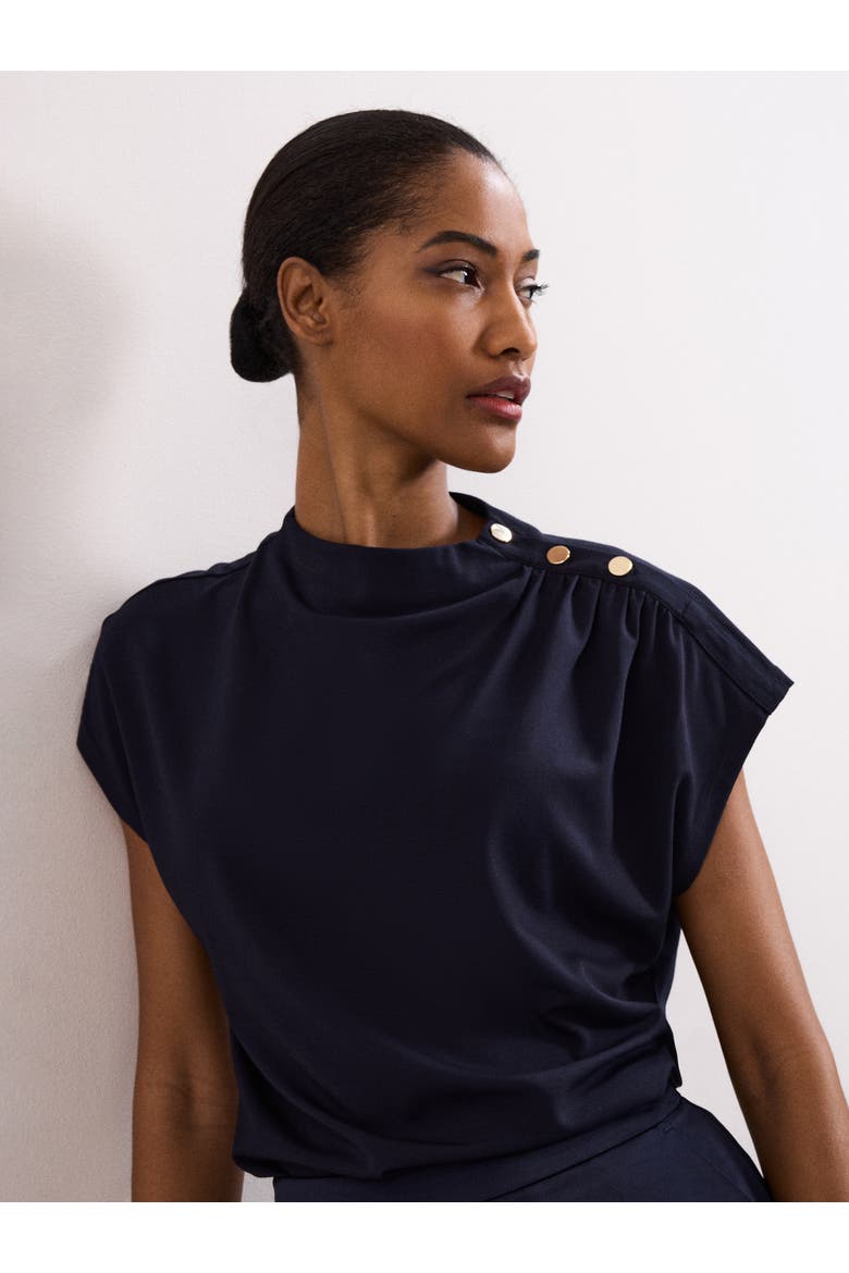 Paige Ruched Shoulder Hardware Ponte Top, Alternate, color, Navy