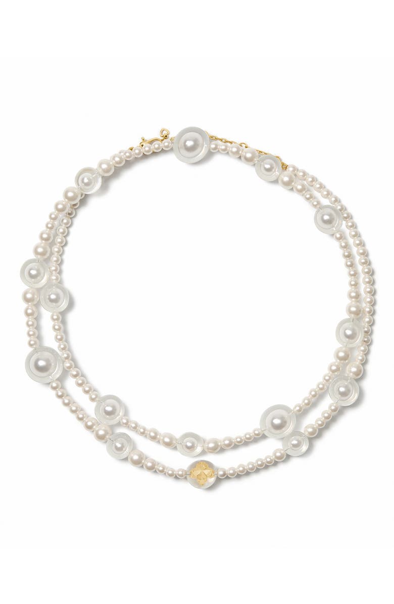 Kate Spade New York spade flower faux pearl long statement necklace, Main, color, White Gold.