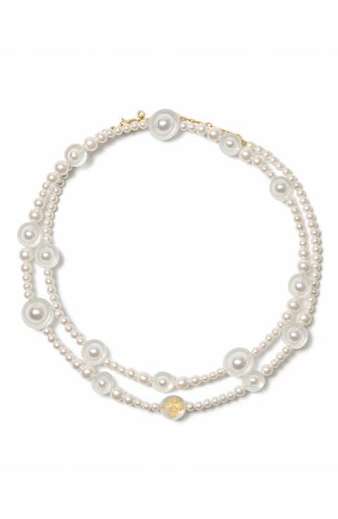 spade flower faux pearl long statement necklace