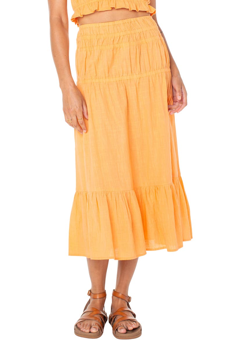 Roxy Malia Tiered Cotton Midi Skirt, Main, color, Muskmelon Solid