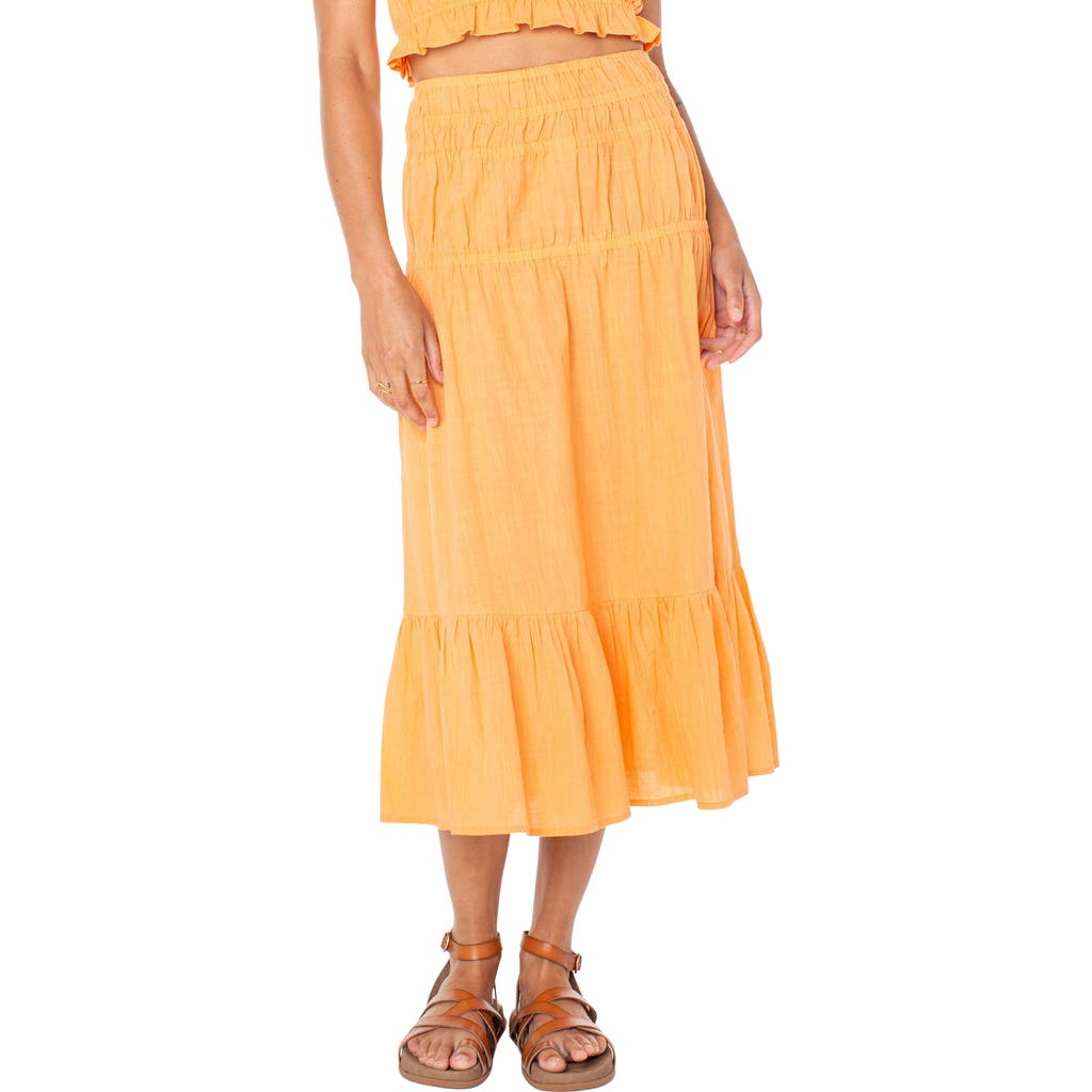 Roxy Malia Tiered Cotton Midi Skirt In Muskmelon Solid
