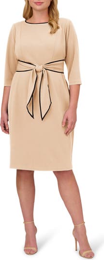 Adrianna Papell Plus Size Crew Neck 34 Sleeve Crepe Tie Waist Sheath Dress, Womens, 20W, Alabaster Black