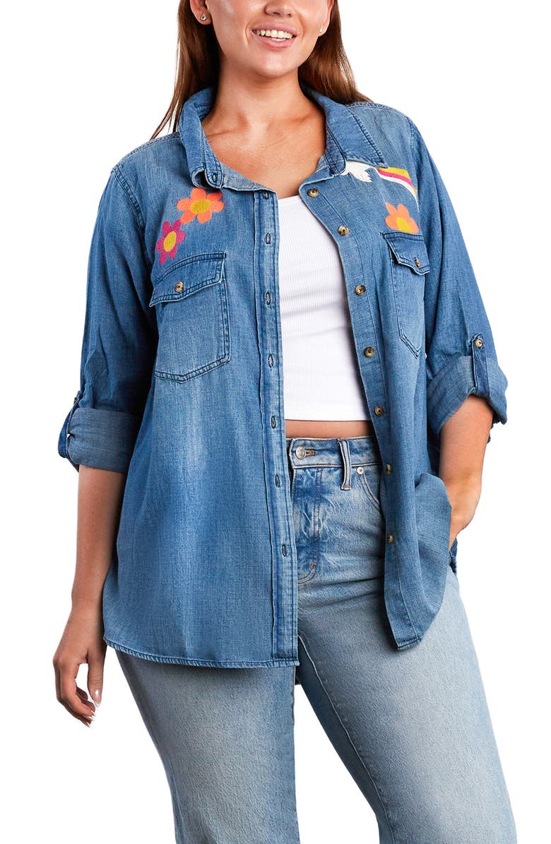 Billy T Peace & Love Embroidered Denim Button-Up Shirt, Alternate, color, Light Wash Blue