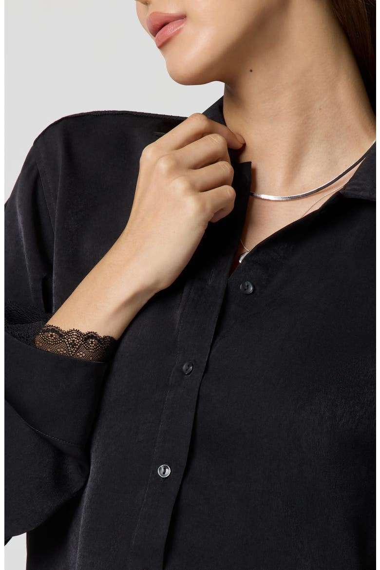 Silky Satin Crop Sleep Shirt, Alternate, color, BLACK
