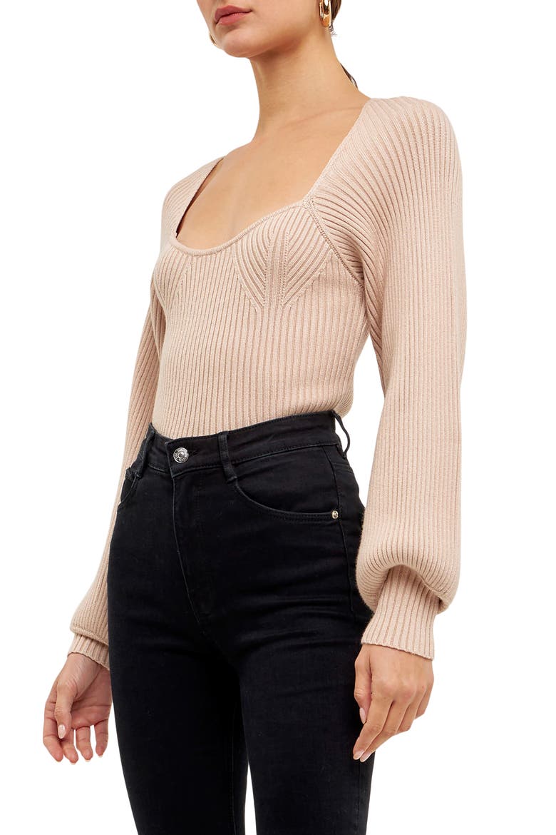Ribbed Bishop Sleeve Top, Alternate, color, BEIGE