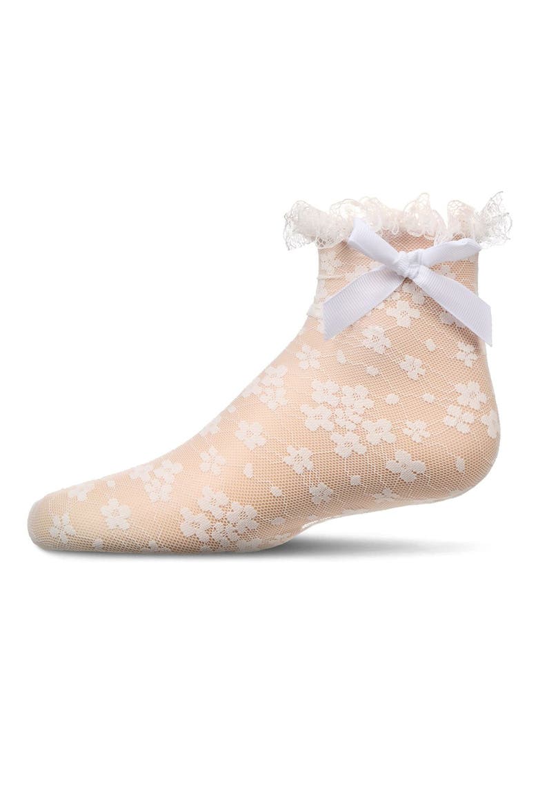 Floral Lace Bow Trim Ankle Sock, Main, color, White