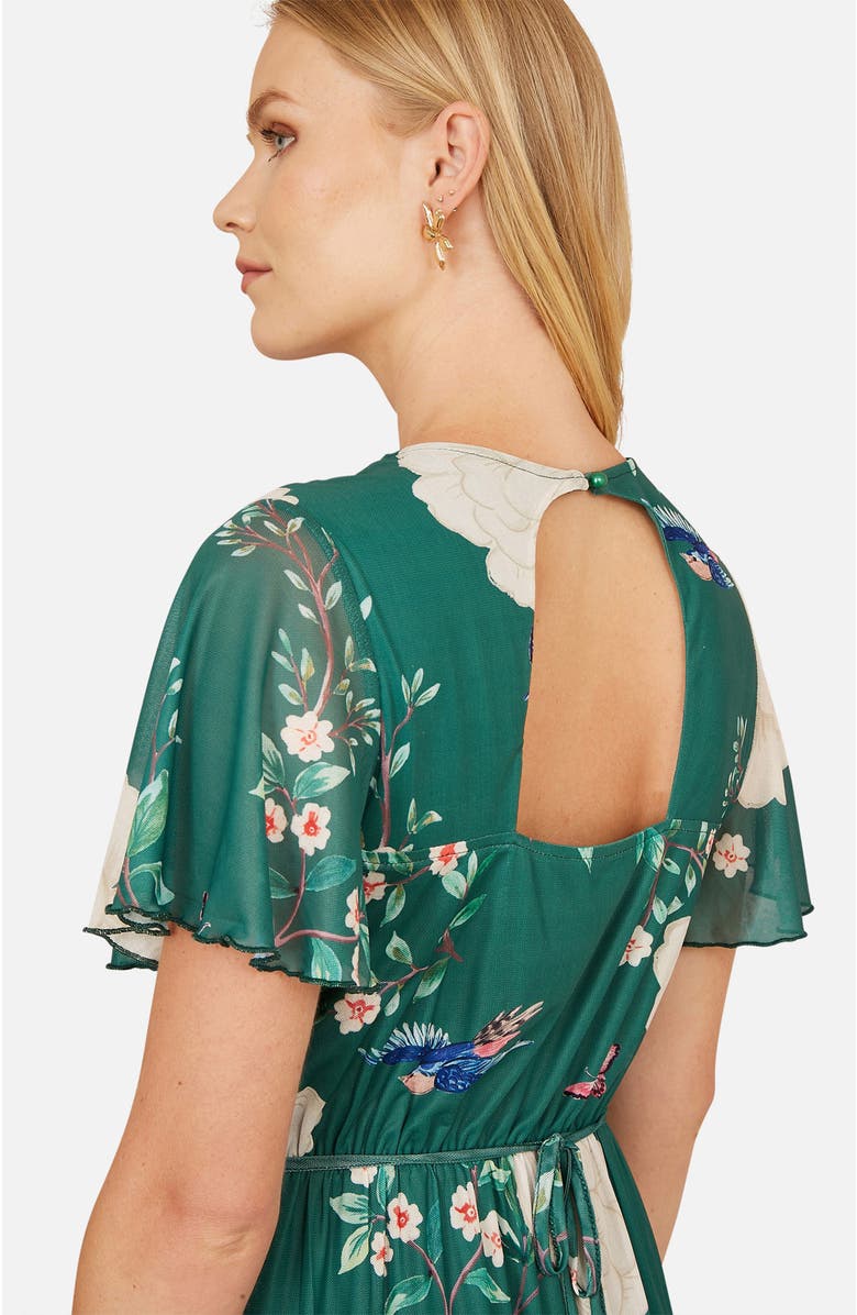 Yumi Mesh Bird And Floral Print Midi Dress, Alternate, color, Green