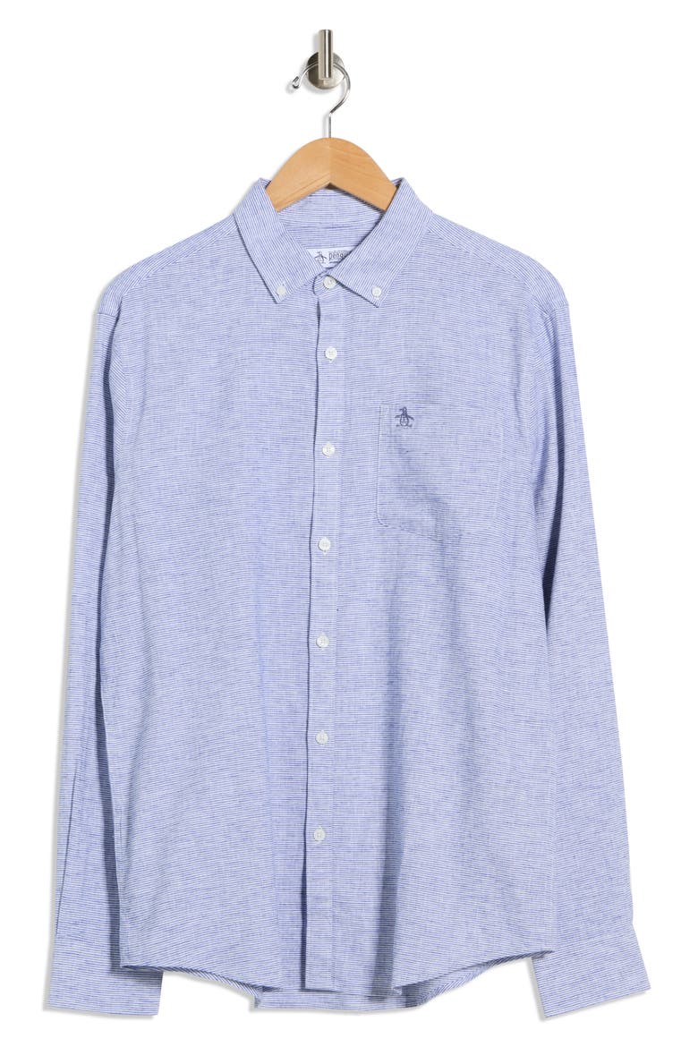 Stripe Stretch Linen & Cotton Button-Down Shirt, Alternate, color, MAZARINE BLUE