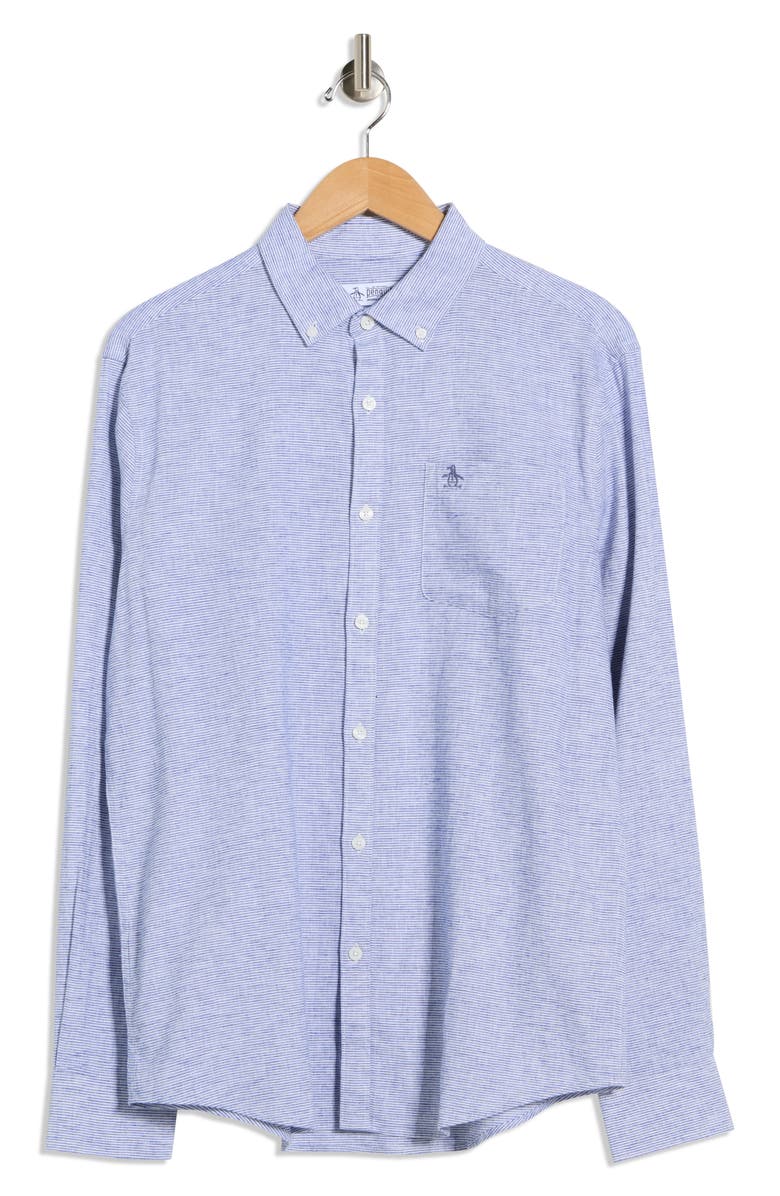 Original Penguin Stripe Stretch Linen & Cotton Button-Down Shirt, Alternate, color, Mazarine Blue
