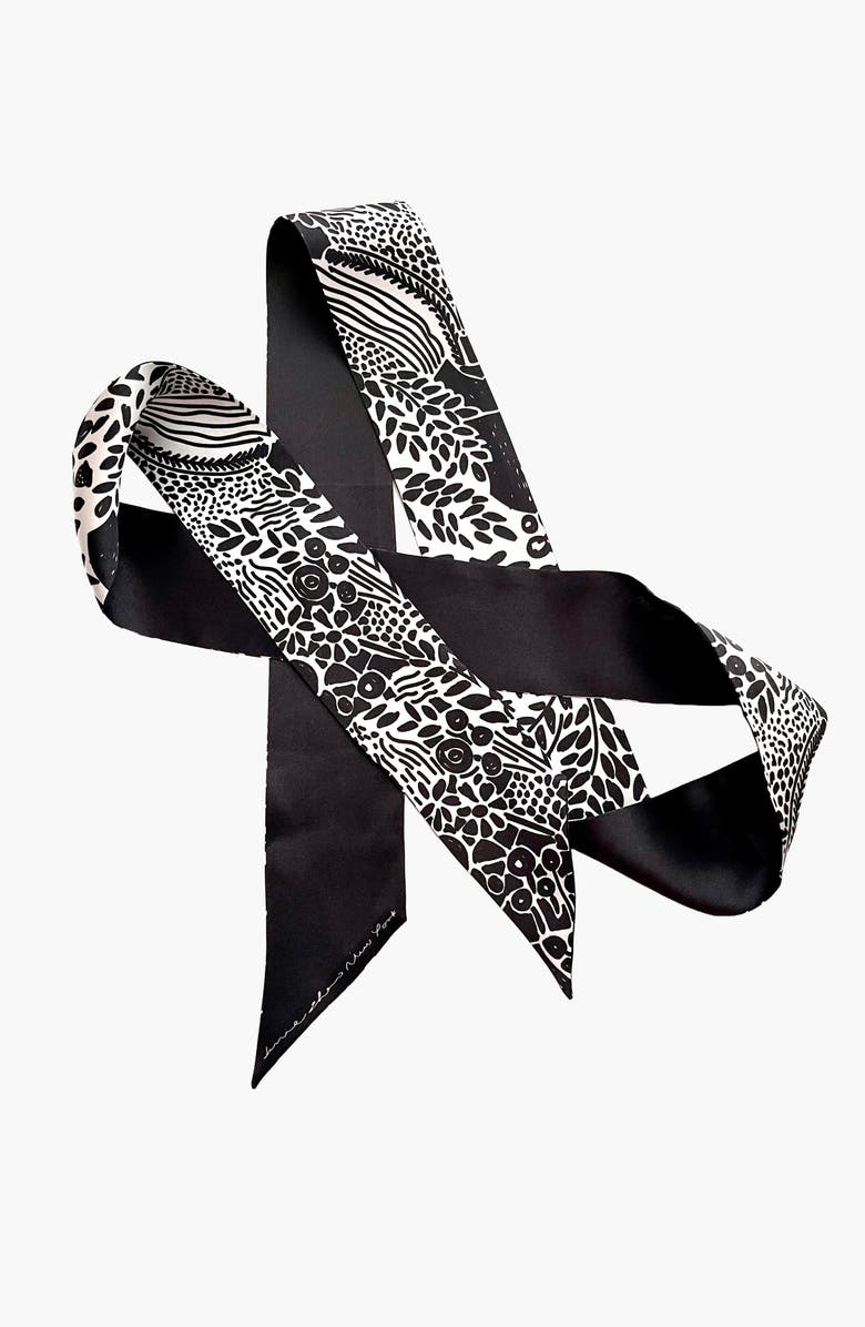 Jessie Zhao New York Silk Skinny Scarf Of Black Garden, Alternate, color, Black