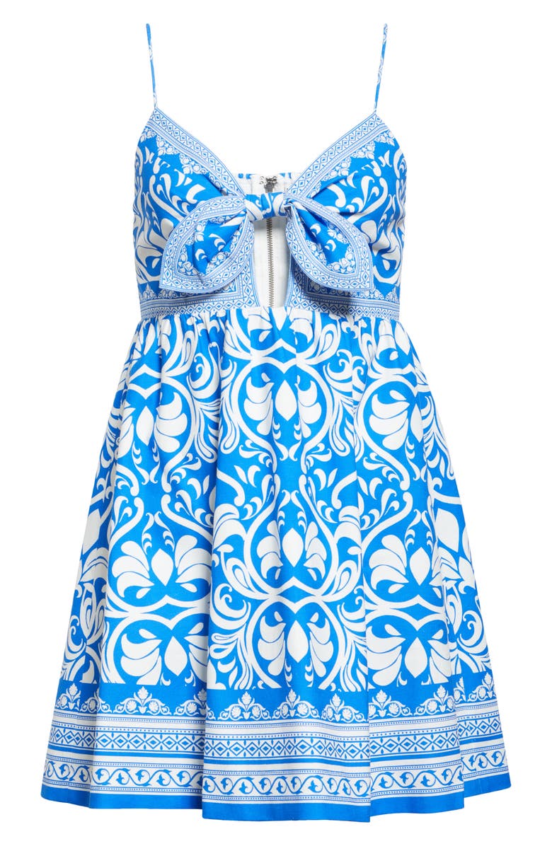 Alice + Olivia Melvina Bow Detail Mixed Print Linen Blend Minidress, Alternate, color, Soiree Trueblue