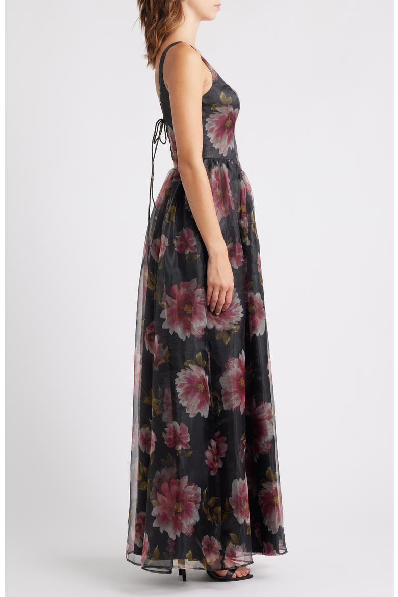 Maelyn Lace-Up Corset Maxi Cocktail Dress, Alternate, color, BLACK FLORAL