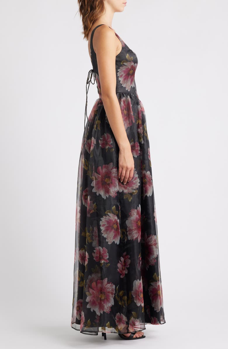 Lulus Maelyn Lace-Up Corset Maxi Cocktail Dress, Alternate, color, Black Floral