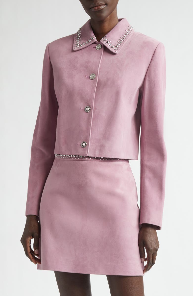 Versace Studded Collar Suede Jacket, Main, color, Dusty Mauve