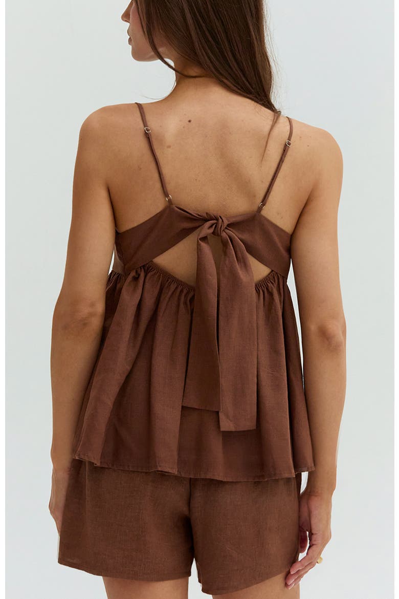 Tie Back Babydoll Linen Blend Top, Alternate, color, Brown