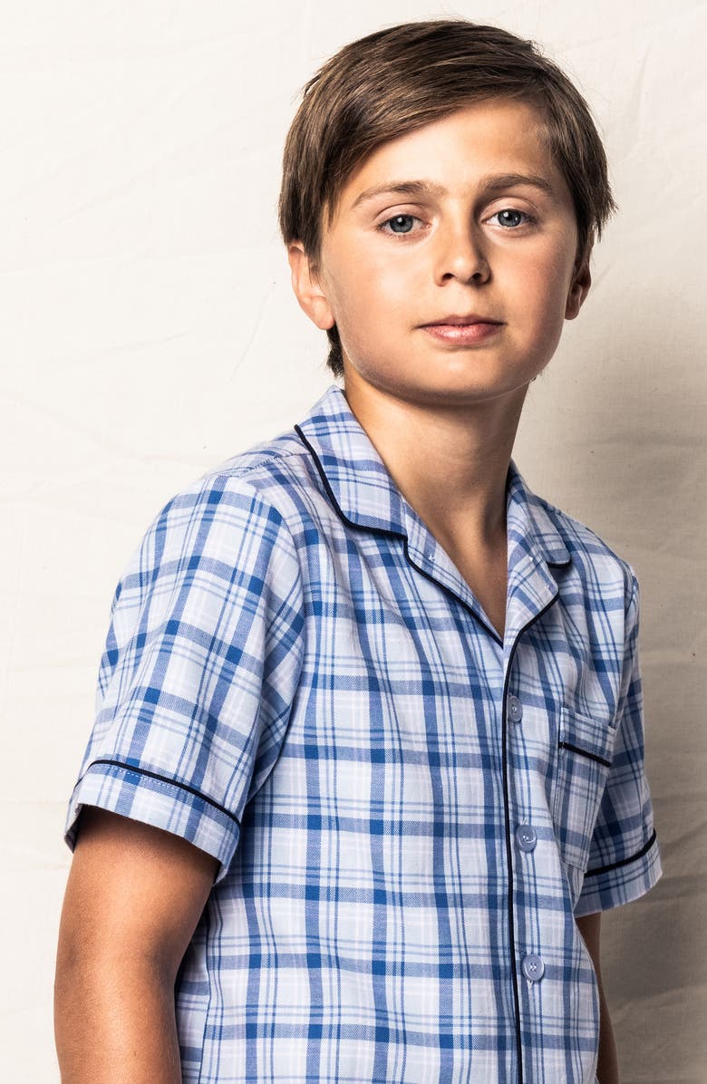 Petite Plume Kids' Seafarer Tartan Plaid Two-Piece Short Pajamas, Alternate, color, Blue