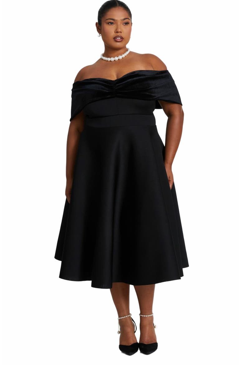 Plus Size Velvet Scuba Knit Bardot Skater Dress, Main, color, Black