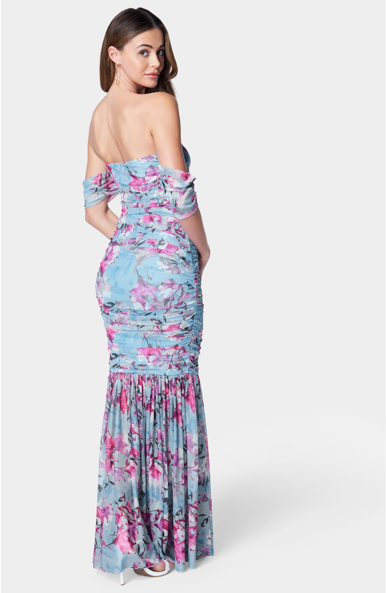 bebe Off Shoulder Ruched Mesh Gown, Alternate, color, Blue Multi