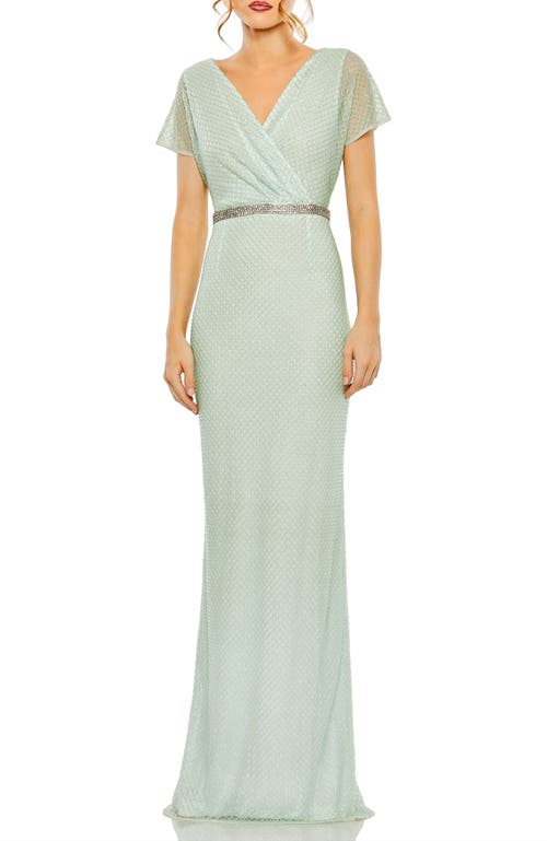 Mac Duggal Short Sleeve Beaded V-neck Gown In Sage
