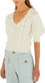 FARM Rio Richilieu Butterfly Appliqué Pointelle Sweater