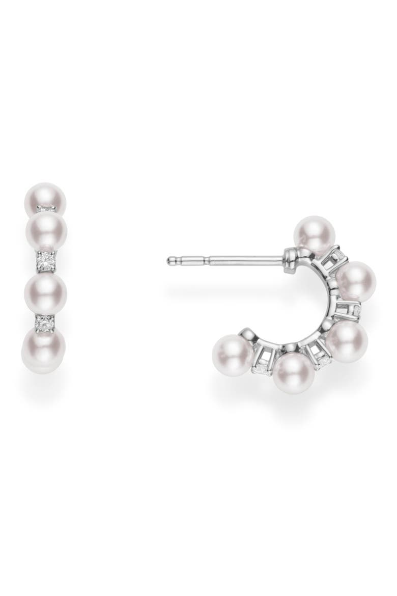 Pearl & Diamond Hoop Earrings, Main, color, WHITE GOLD