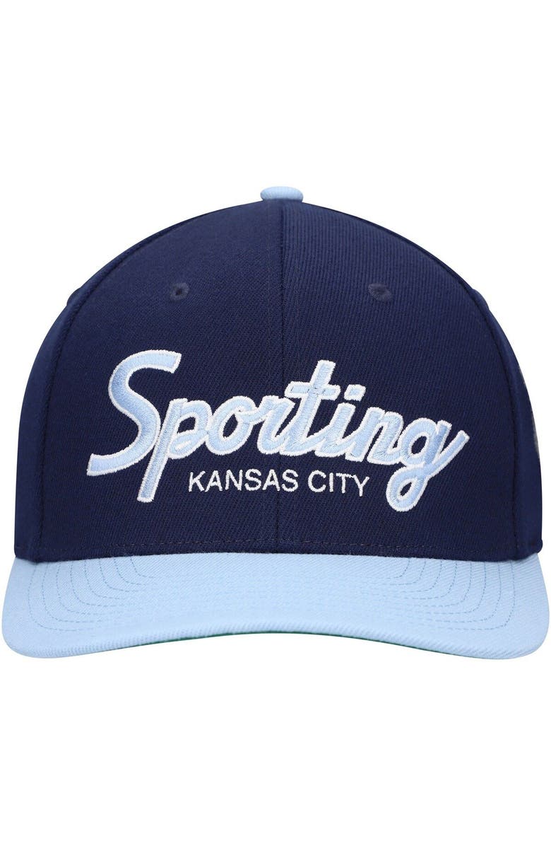 Mitchell & Ness Men's Mitchell & Ness Navy Sporting Kansas City Team Script 2.0 Stretch Snapback Hat, Alternate, color, Navy