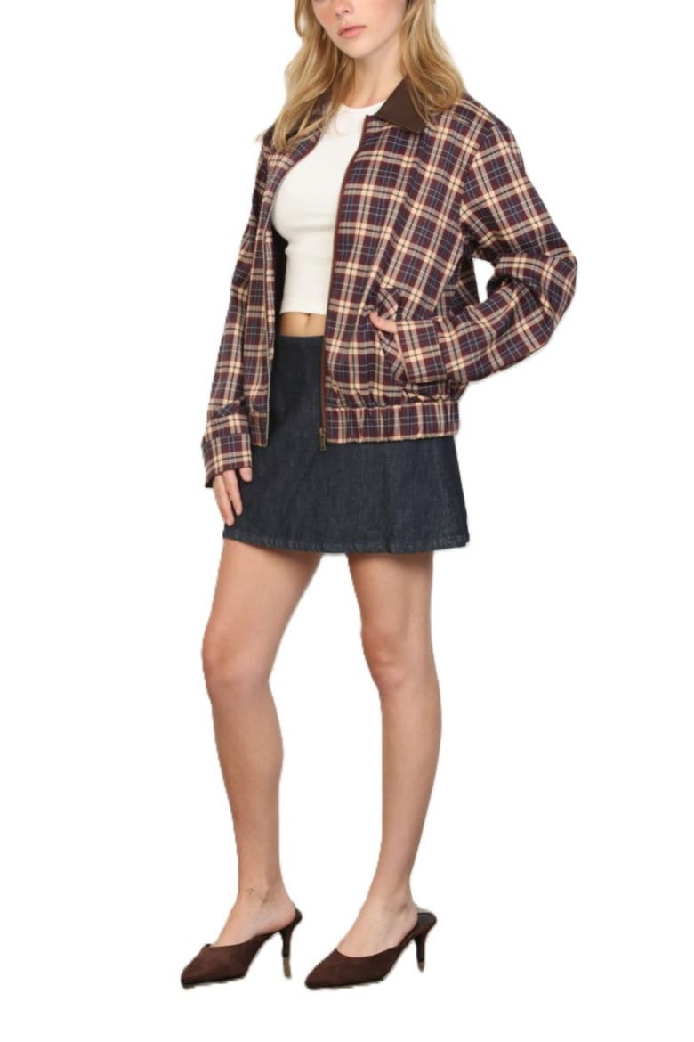 Plaid Faux Leather Collar Jacket, Alternate, color, BURGUNDY PLAID