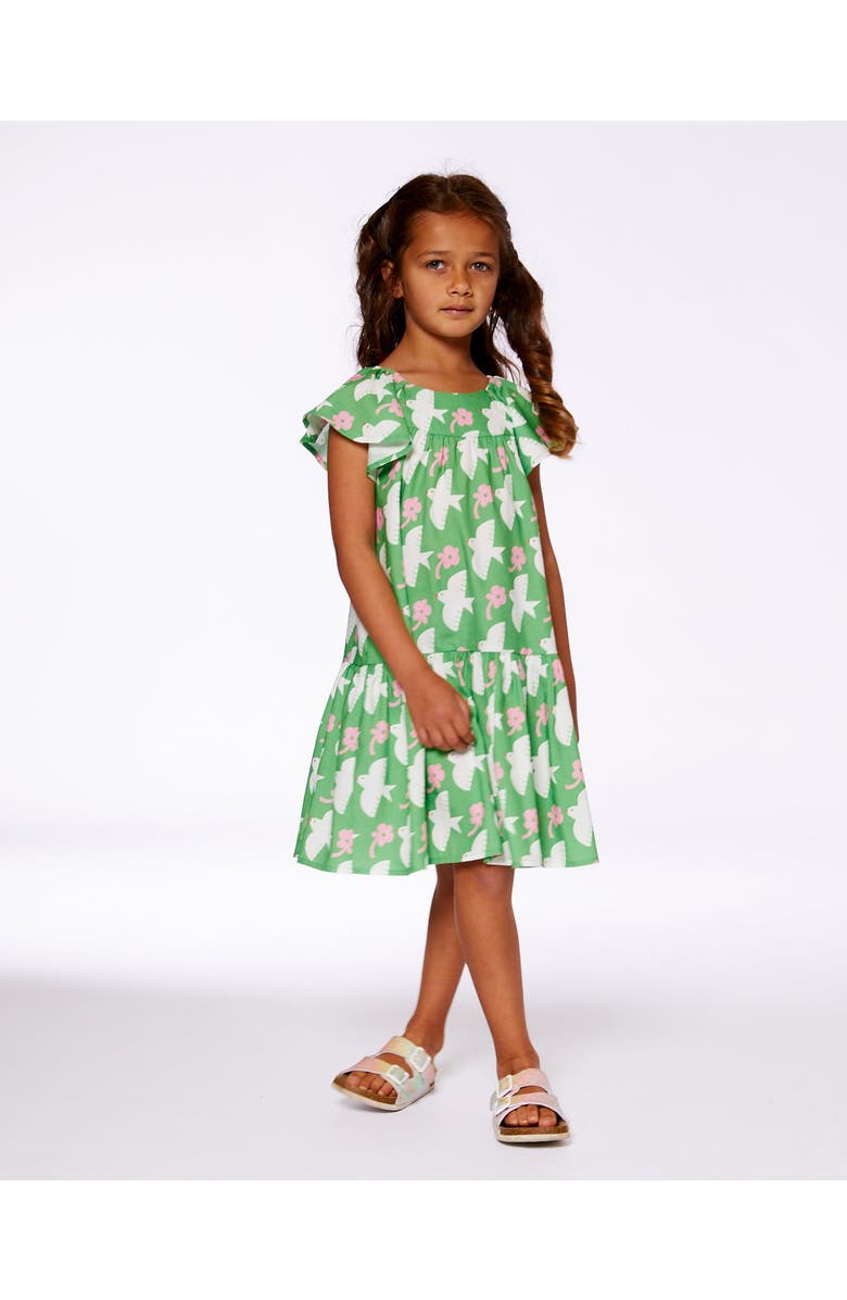 Deux par Deux Girl's Printed Dress With Flounce Sleeves Green With White And Pink Bird, Alternate, color, Green With White And Pink Bird