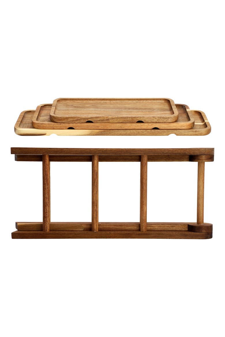 Acacia Wood 3 Tiered Rectangular Ladder Tray Set, Alternate, color, Acacia