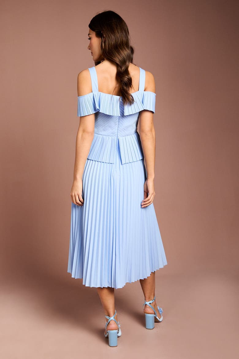 Pleated V-Neck Midi Dress, Alternate, color, Light Blue