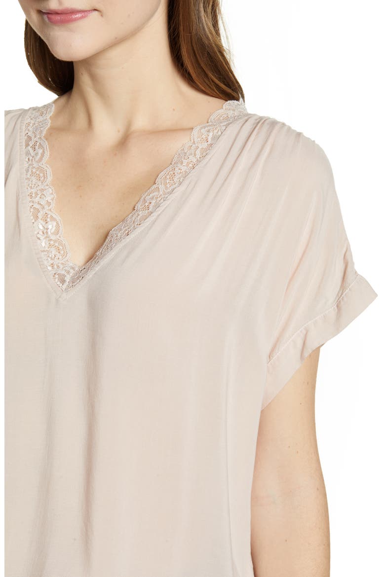 Lace Trim Short Sleeve Blouse, Alternate, color, PETAL