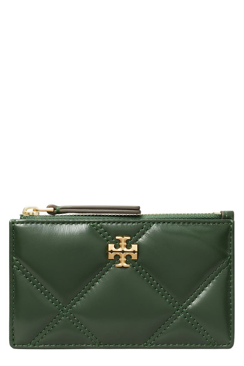 Kira Diamond Quilted Leather Zip Card Case, Main, color, FIR TREE