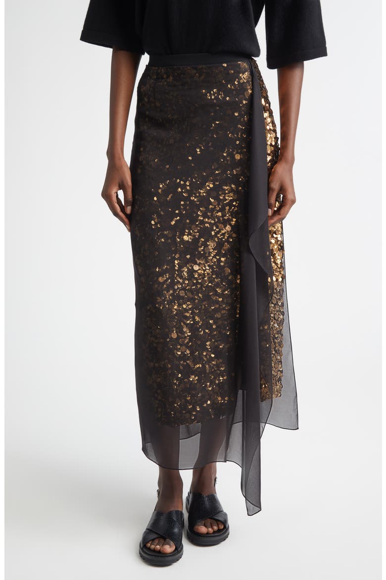 Sequin Embellished & Silk Georgette Veiled Wool Crepe Skirt, Main, color, BLACK 001