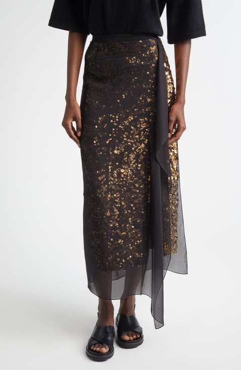 Sequin Embellished & Silk Georgette Veiled Wool Crepe Skirt