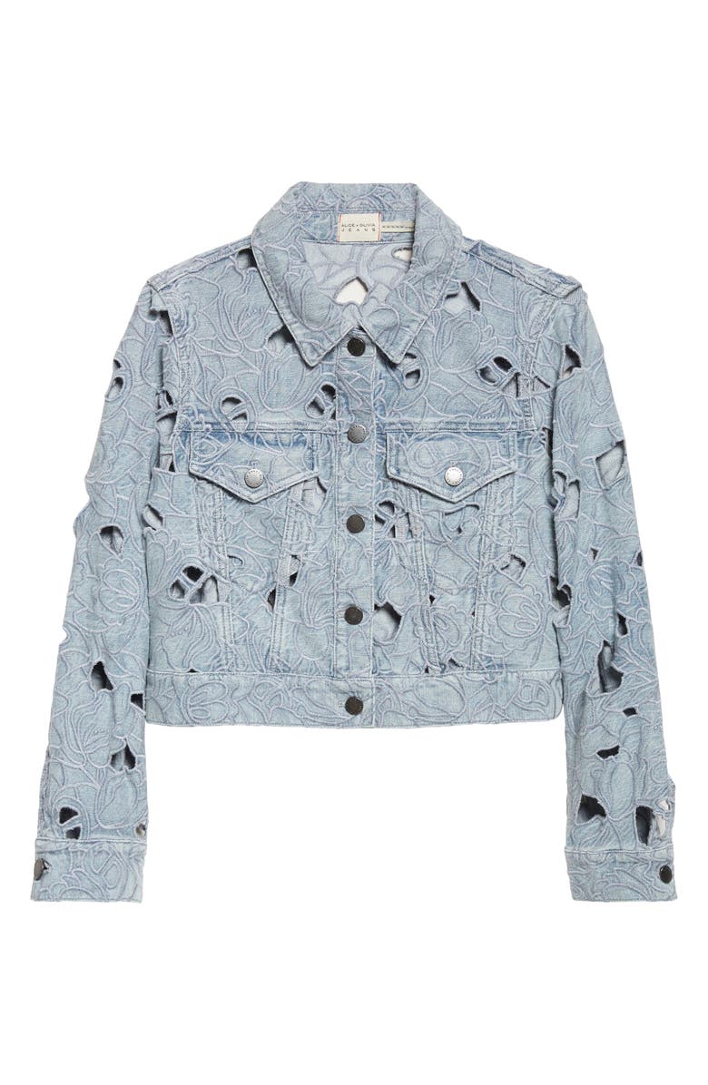 Alice + Olivia Chloe Eyelet Embroidered Denim Jacket, Main, color, Rockstar Blue