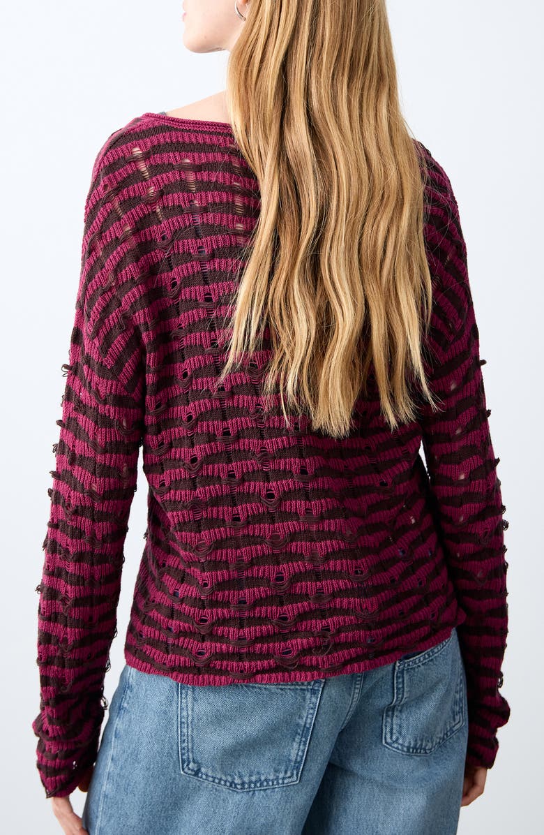 MANGO TEEN Stripe Openwork V-Neck Sweater, Alternate, color, Cherry