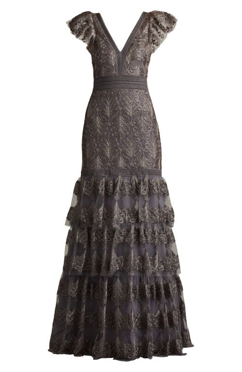 Tadashi Shoji Metallic Corded Embroidered Tulle Sleeveless Gown In Dark Mist