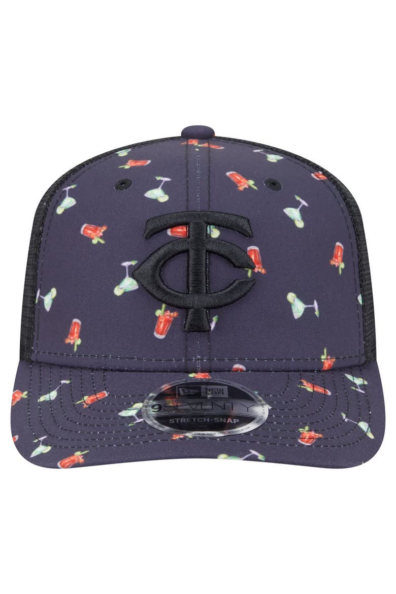 Men's New Era Black Minnesota Twins Adventure Drinks Pattern 9SEVENTY Stretch-Snap Hat, Alternate, color, Navy