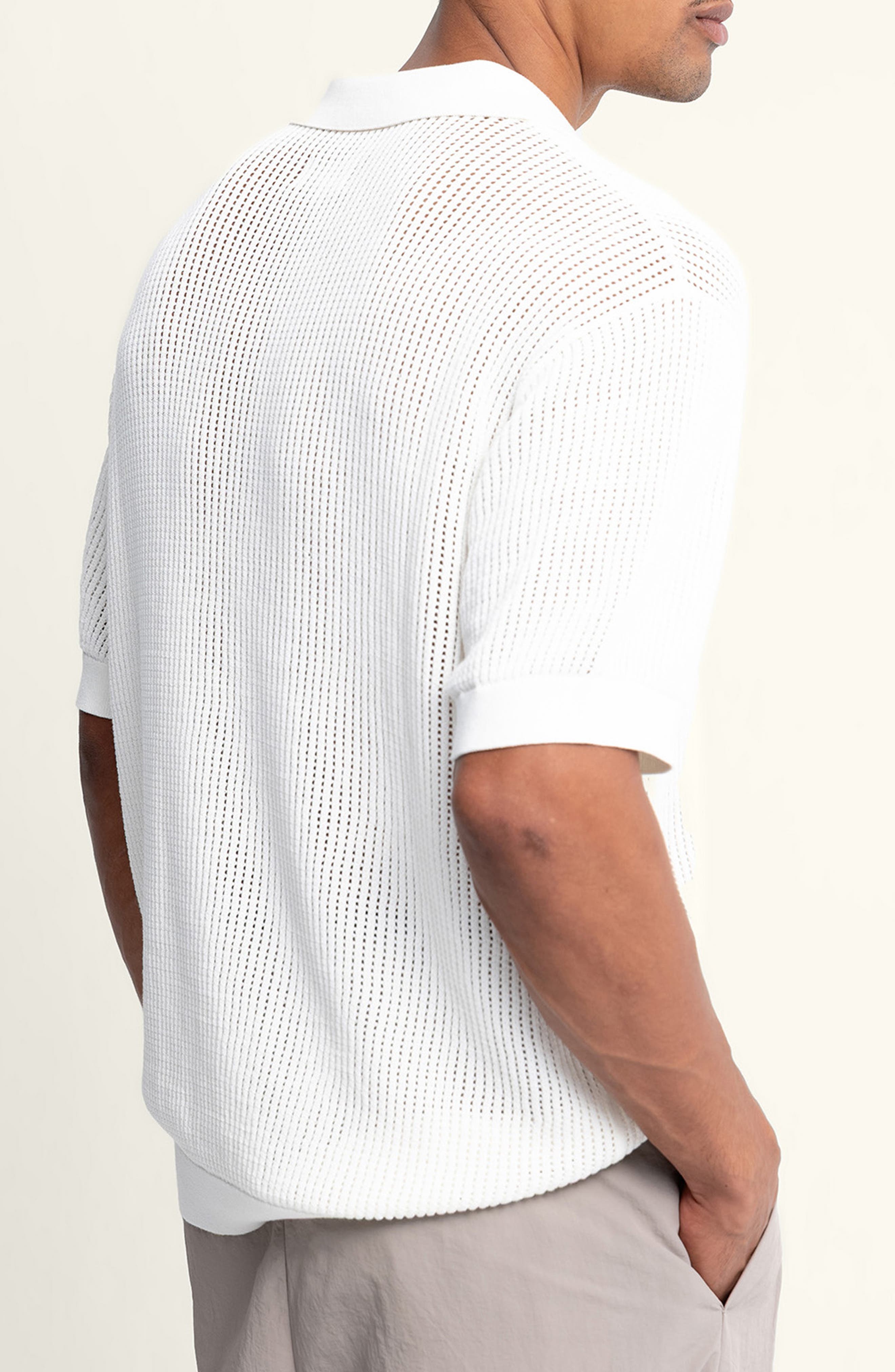 Johnny Collar Openwork Cotton Blend Polo Sweater - image 4