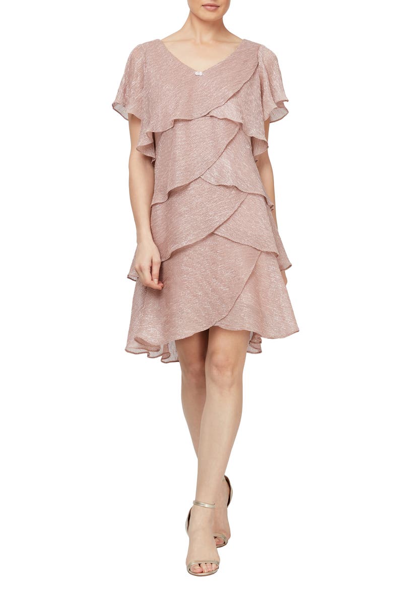 Tiered Shimmer Metallic Flutter Sleeve Dress, Main, color, FADED ROSE