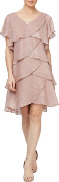 SL FASHIONS Tiered Shimmer Metallic Flutter Sleeve Dress
