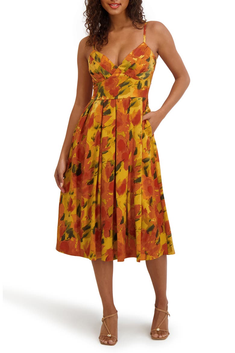 Printed Satin Fit & Flare Midi Dress, Main, color, ORANGE MULTI