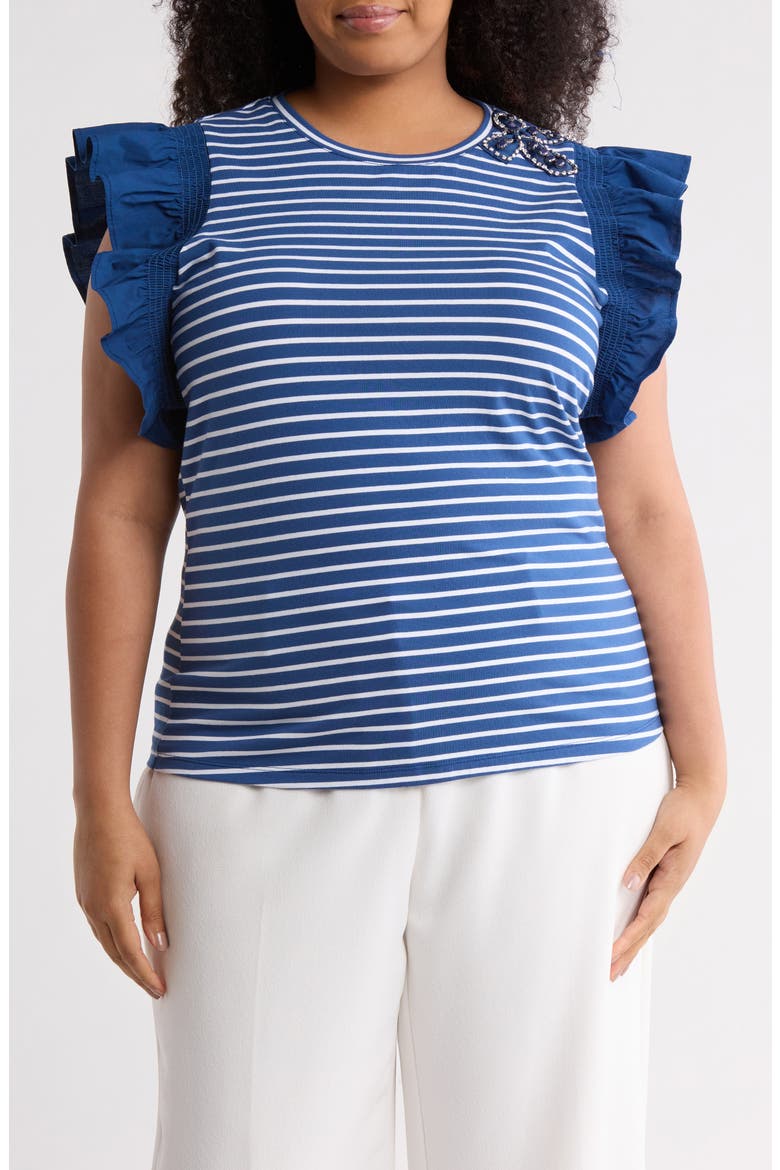 Geneva Stripe Poplin Ruffle Sleeve T-Shirt, Main, color, NAVY PEONY/ WHITE