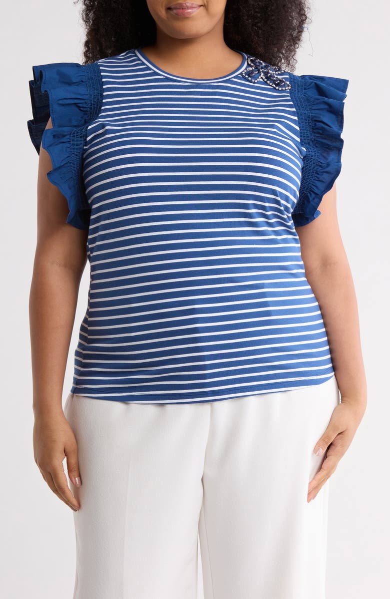 BY DESIGN Geneva Stripe Poplin Ruffle Sleeve T-Shirt, Main, color, Navy Peony/ White