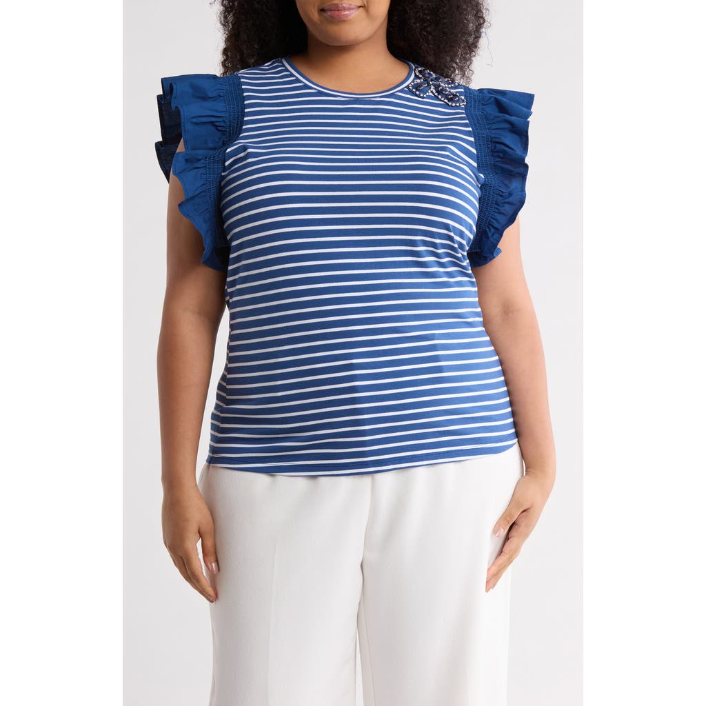 By Design Geneva Stripe Poplin Ruffle Sleeve T-shirt