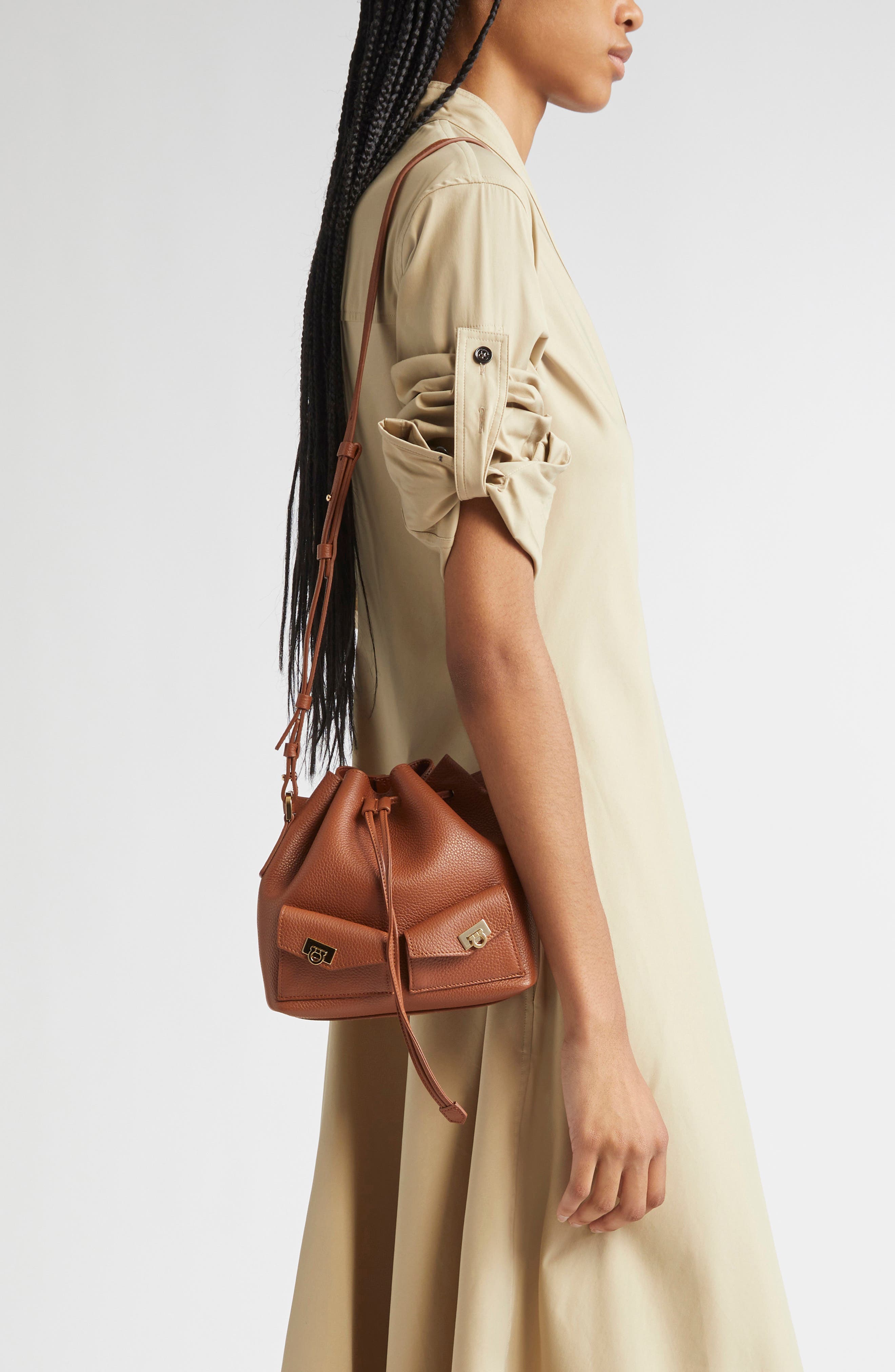 FERRAGAMO Mini Harley Leather Drawstring Bucket Bag, Alternate, color, New Cognac